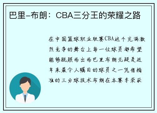 巴里-布朗：CBA三分王的荣耀之路